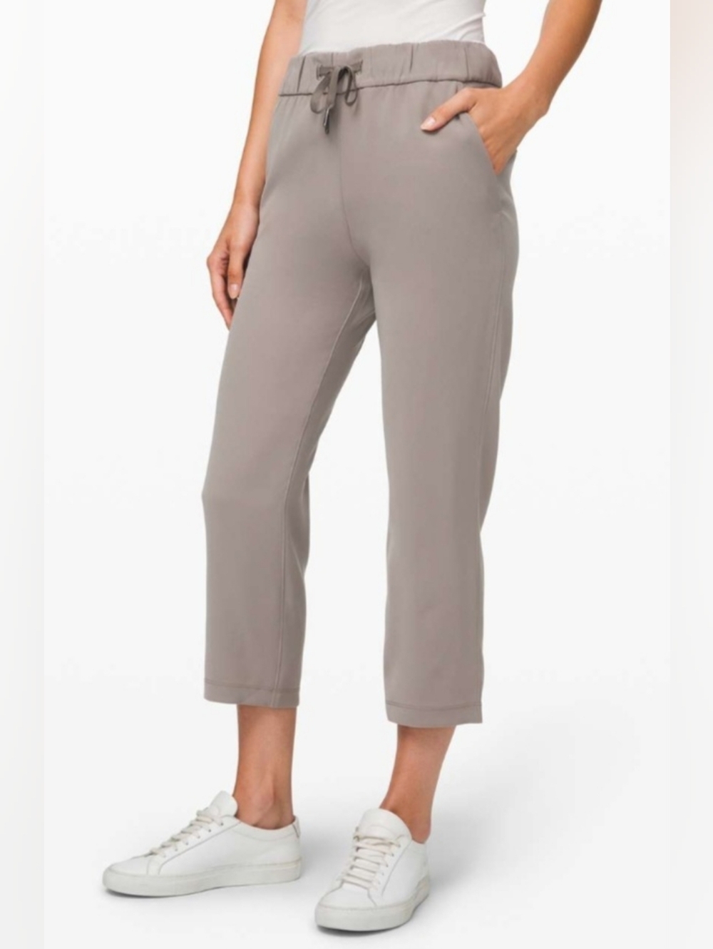 Cropped Drawstring Ponte Pants in Taupe